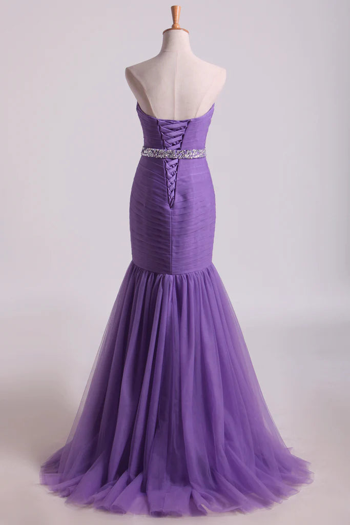 Mermaid Sweetheart Floor Length Party Dresses With Ruffles And Beading Tulle